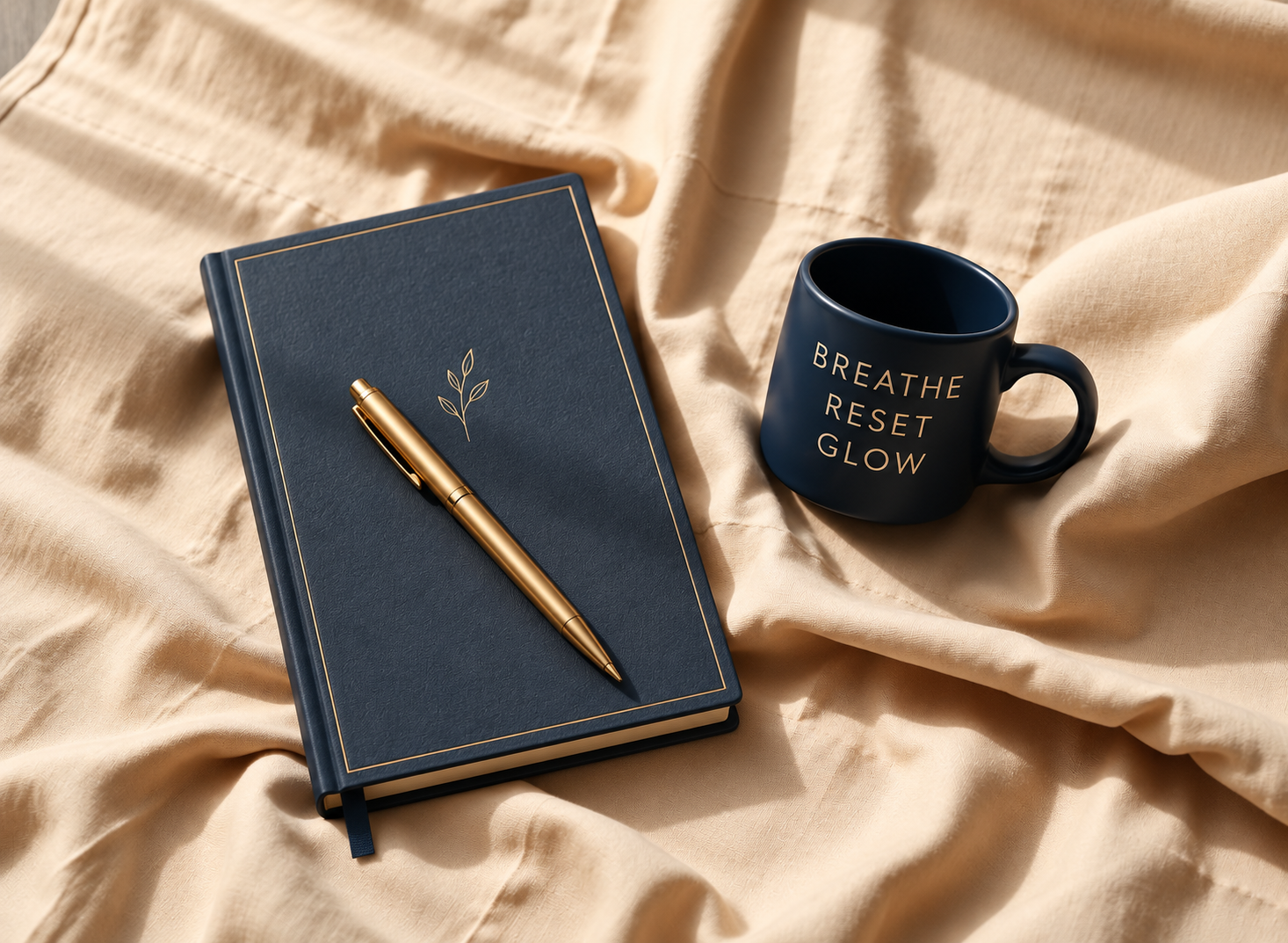 Navy journal and Breathe Reset Glow mug on cream linen