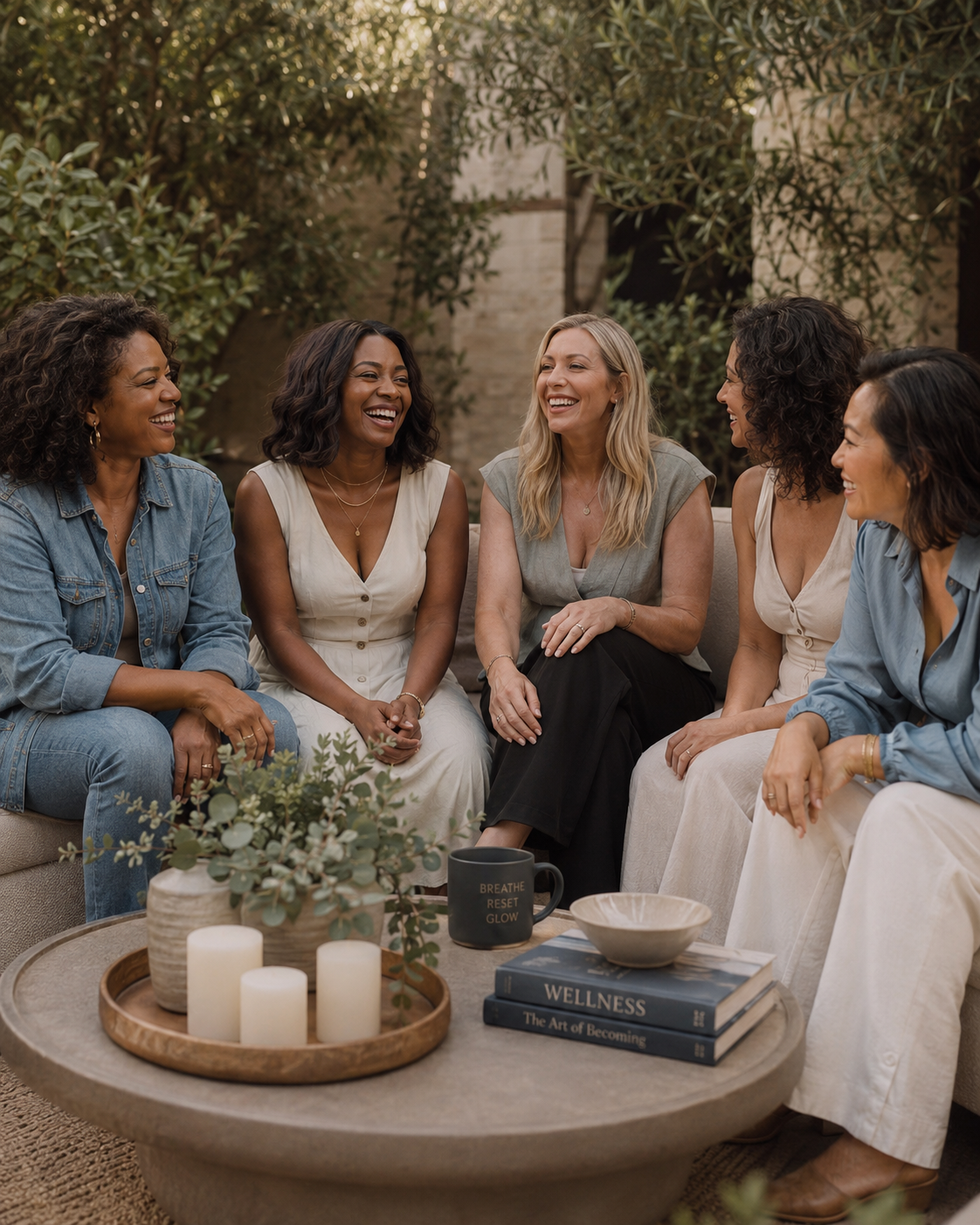 Women gathered together in a warm wellness community