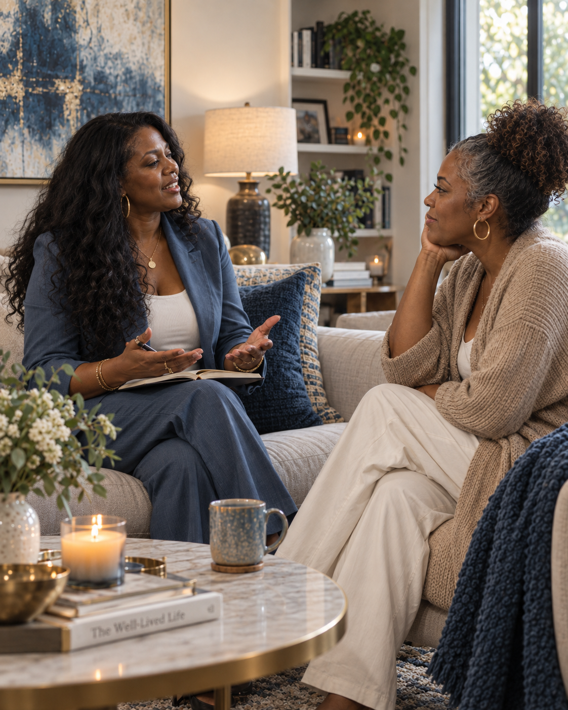 Two women having a warm coaching conversation in a cozy living room